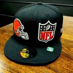 New Era Cleveland Browns NFL on Black Logo 59Fifty Fitted Hat Cap SZ 7.3/4